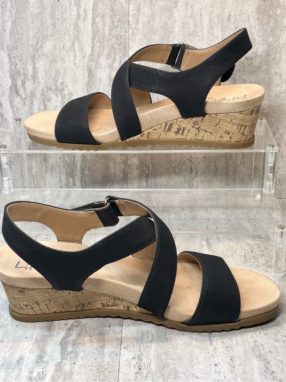 Life Stride Velocity 2.0 Black Comfort Wedge Heels Sandals 9.5M